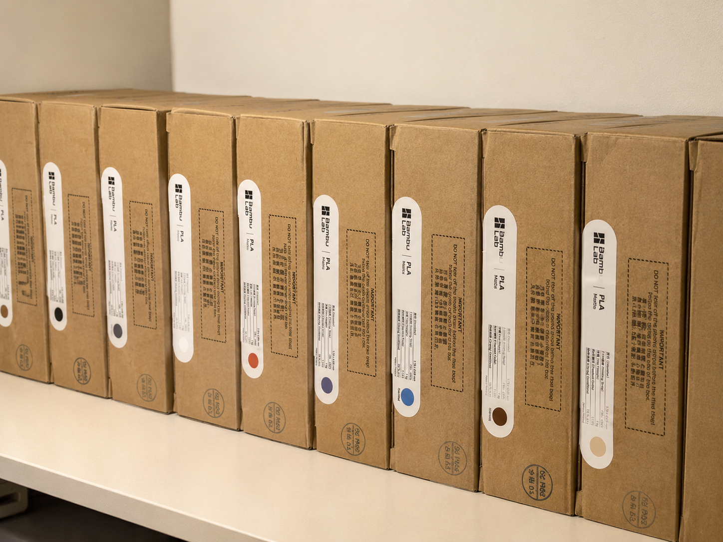 A stocked shelf of labeled filament inventory.