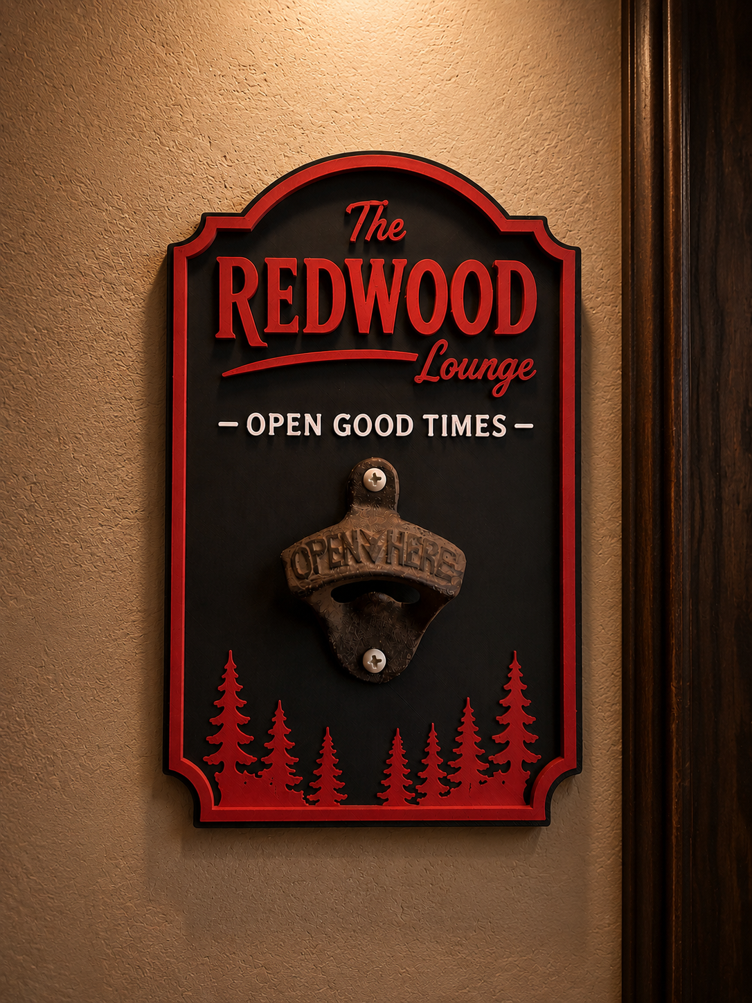 A custom Redwood Lounge wall-mounted bottle opener.