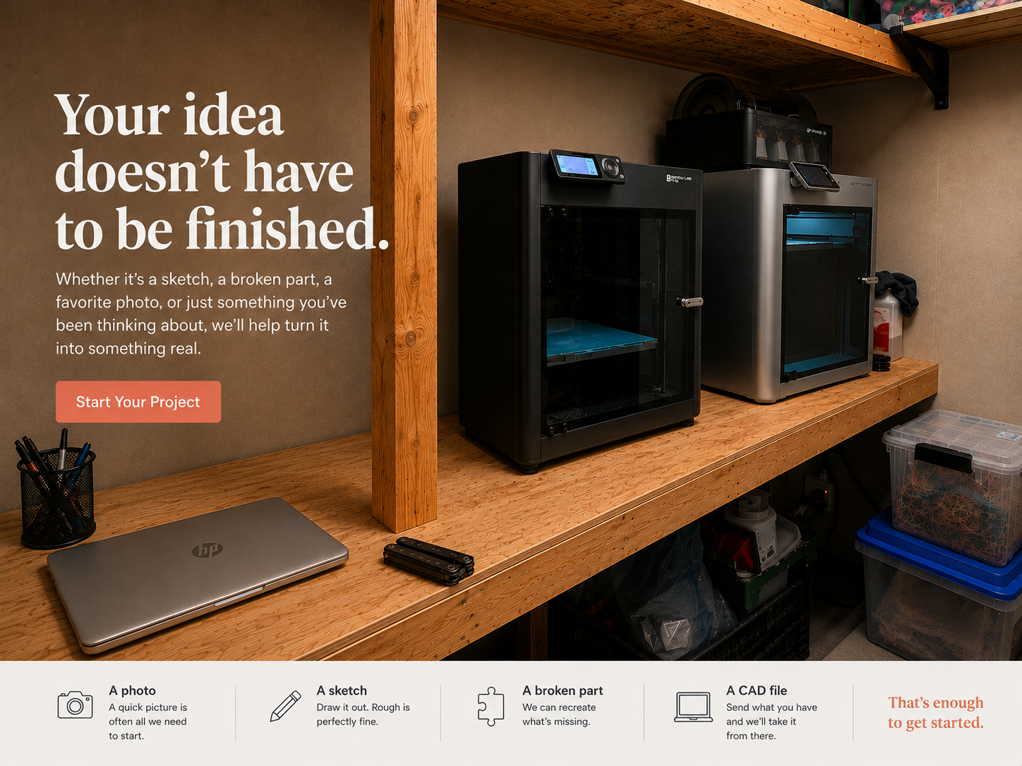 The OliPoly workshop and invitation to start with a photo, sketch, broken part, or CAD file.