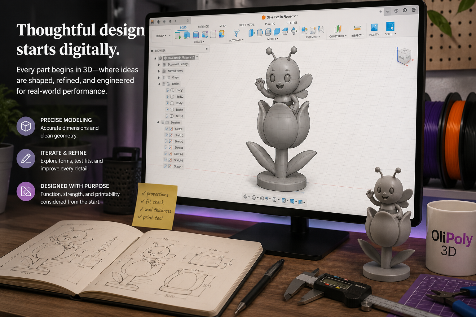 CAD modeling and print planning for a custom OliPoly 3D project