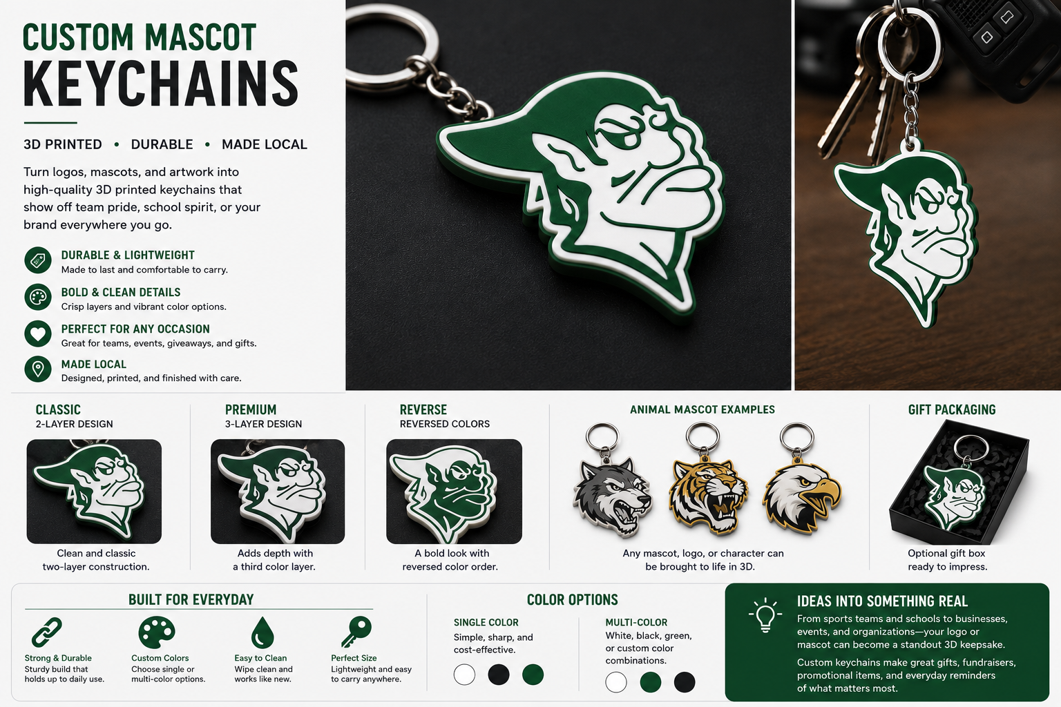 Custom mascot and animal-inspired 3D printed keychain concept options