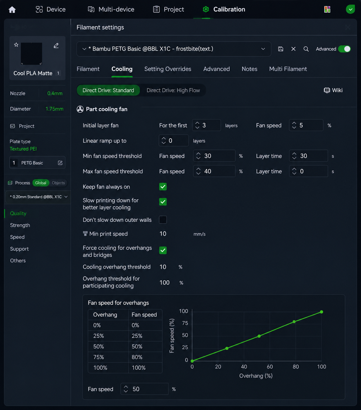 Bambu Studio cooling settings used to tune a print profile