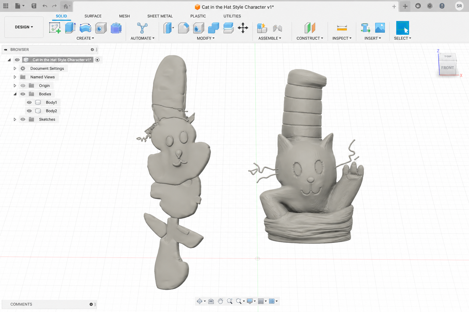 Two gray CAD concept versions of a striped-hat cat character in Fusion 360
