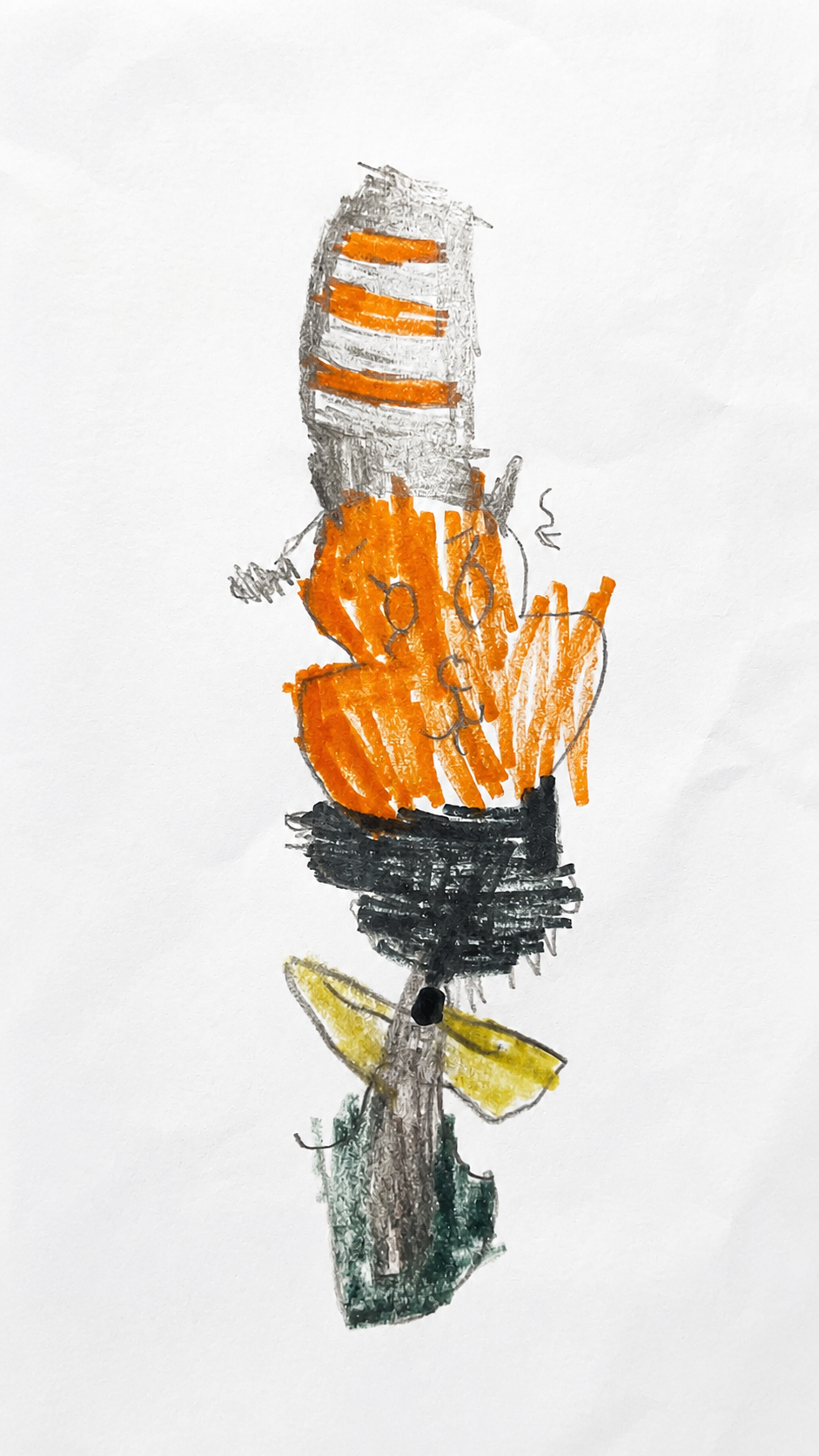 Original child drawing of an orange striped-hat cat character