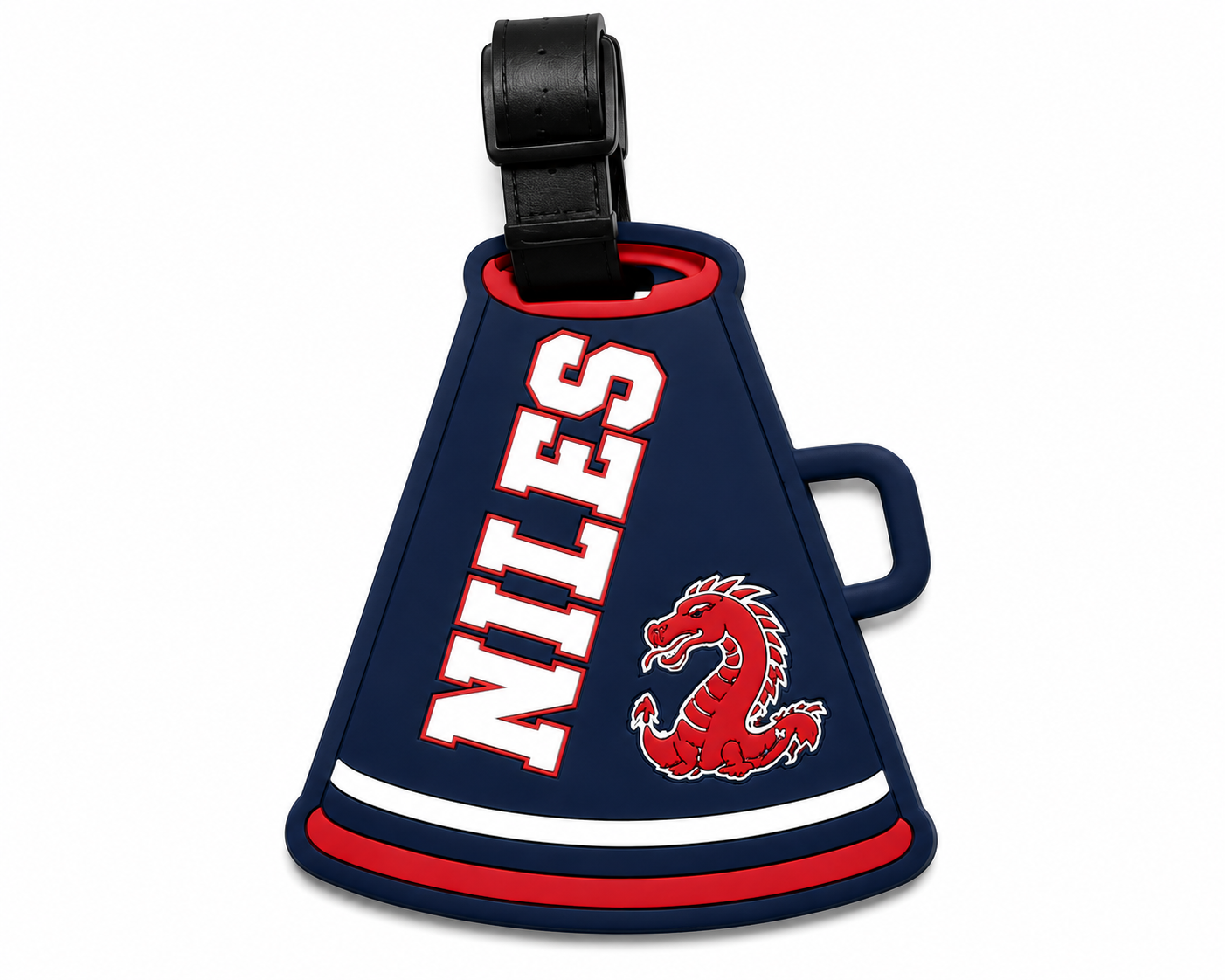 NIL-008 Cheerleading Dragons solid navy megaphone bag tag mockup