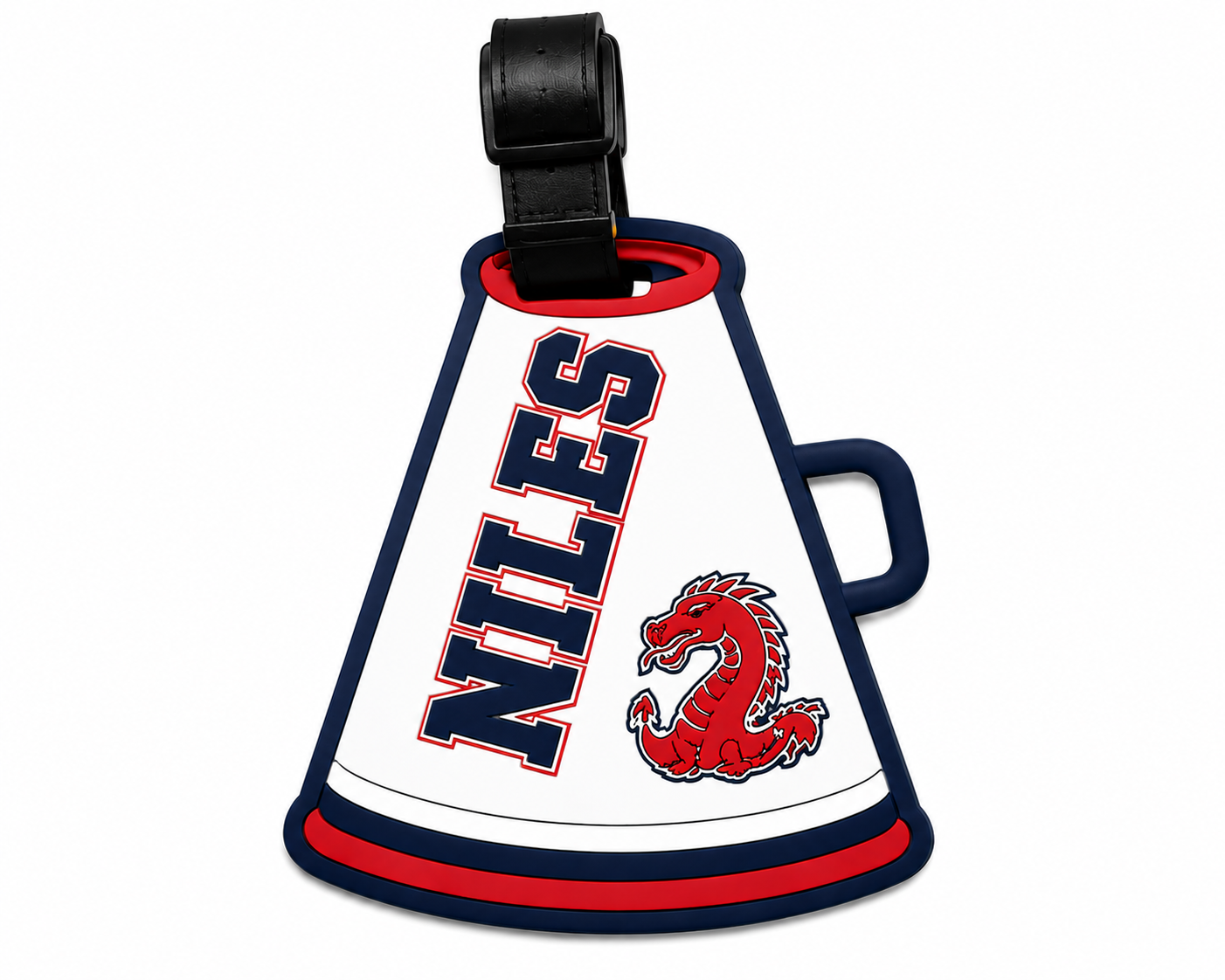 NIL-009 Cheerleading Dragons white and navy megaphone bag tag mockup