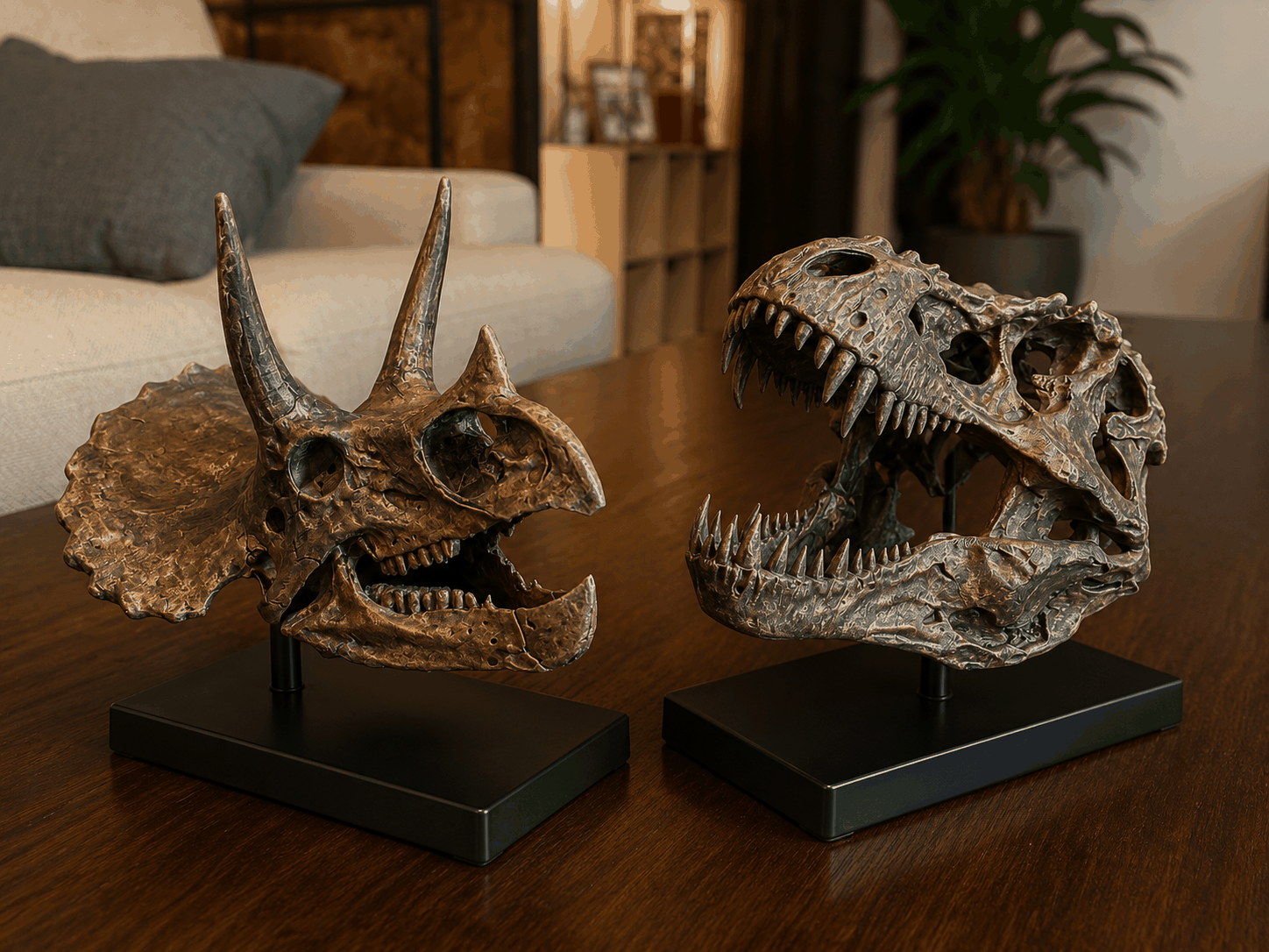 Finished dinosaur skull display pieces with bronze texture