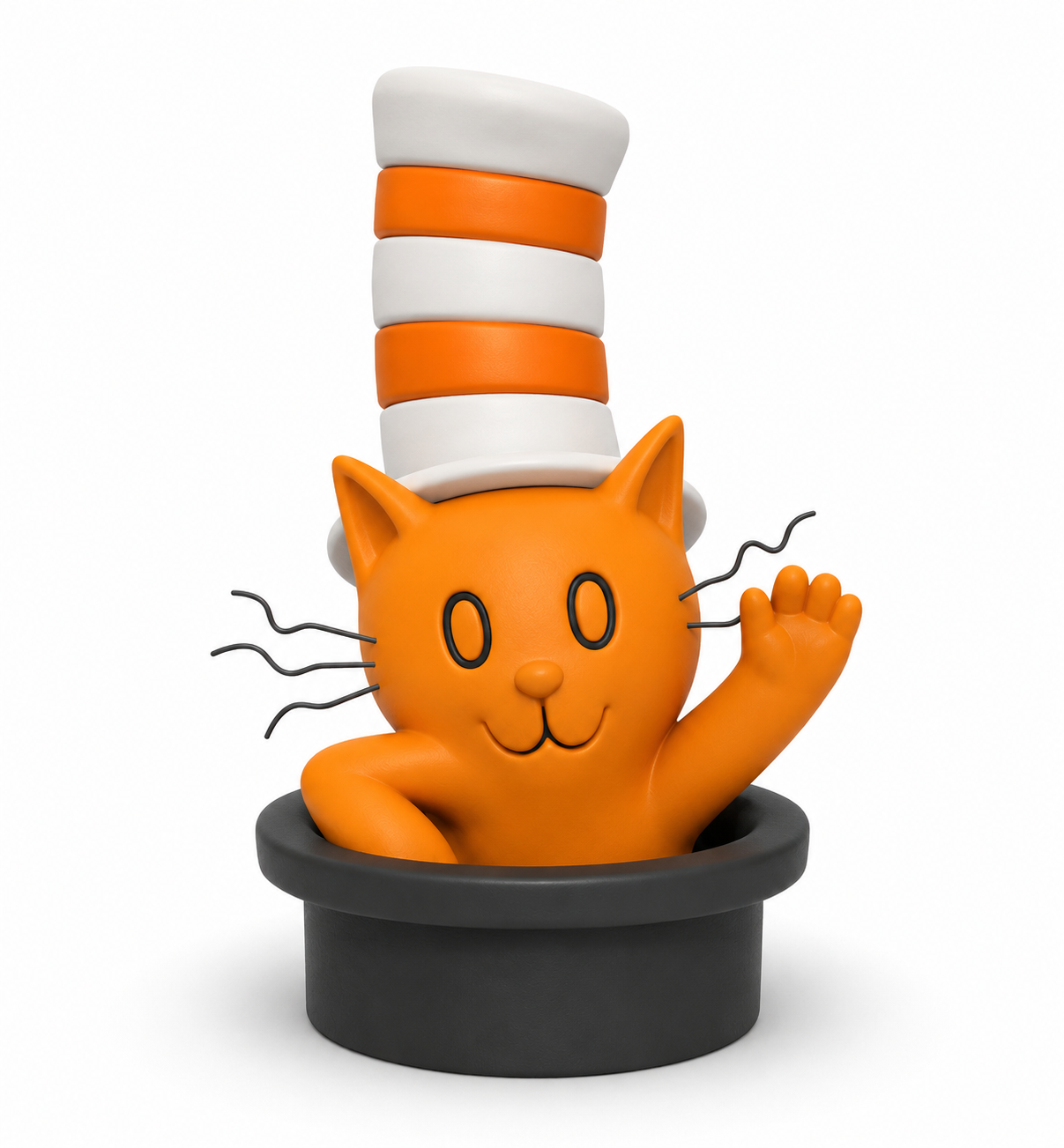 Refined orange striped-hat cat character rendered as a polished 3D object