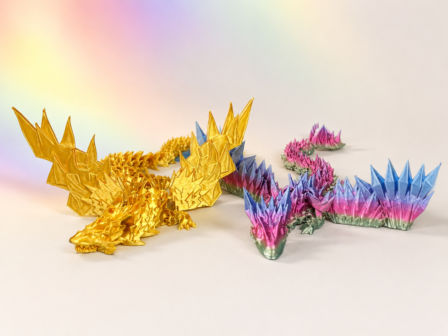 Colorful dragon staged outdoors to look like it is flying