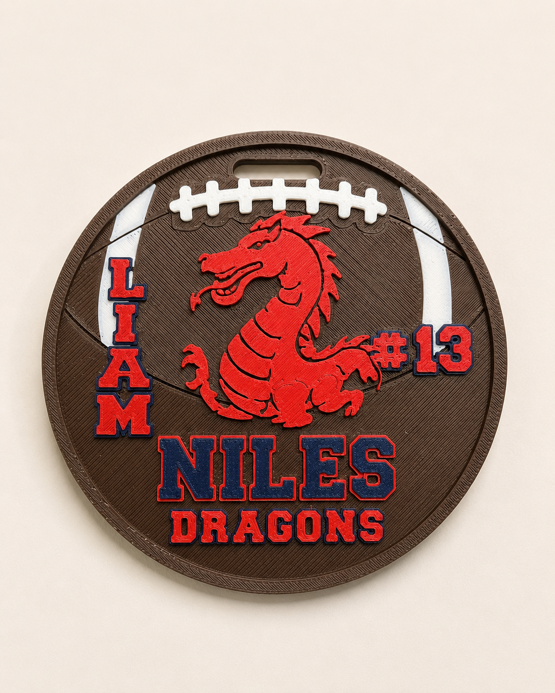 Personalized football bag tag front example with Liam and number 13