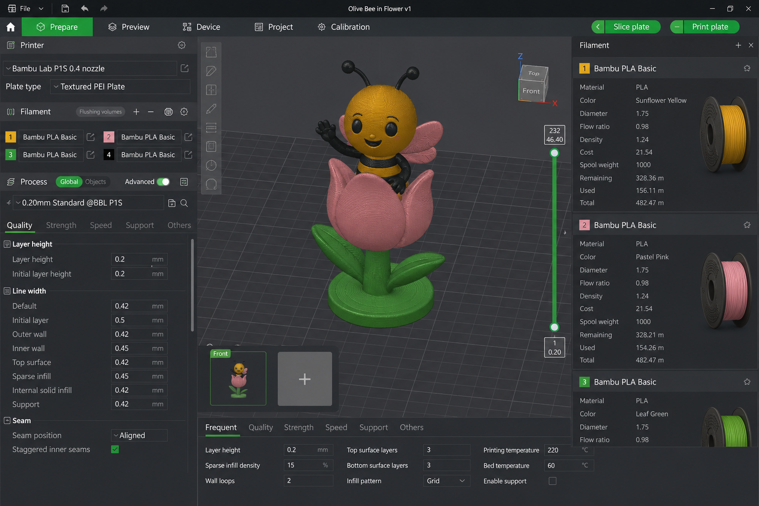 Bambu Studio slicer screen showing color and material planning for a multi-material print