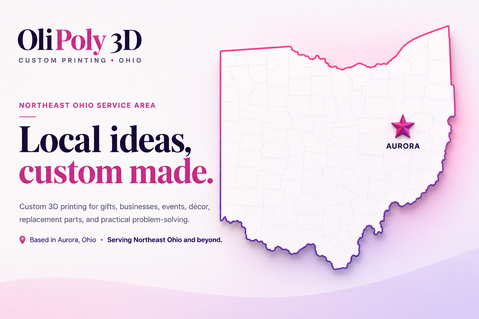 OliPoly 3D Northeast Ohio service area map with Aurora location marker
