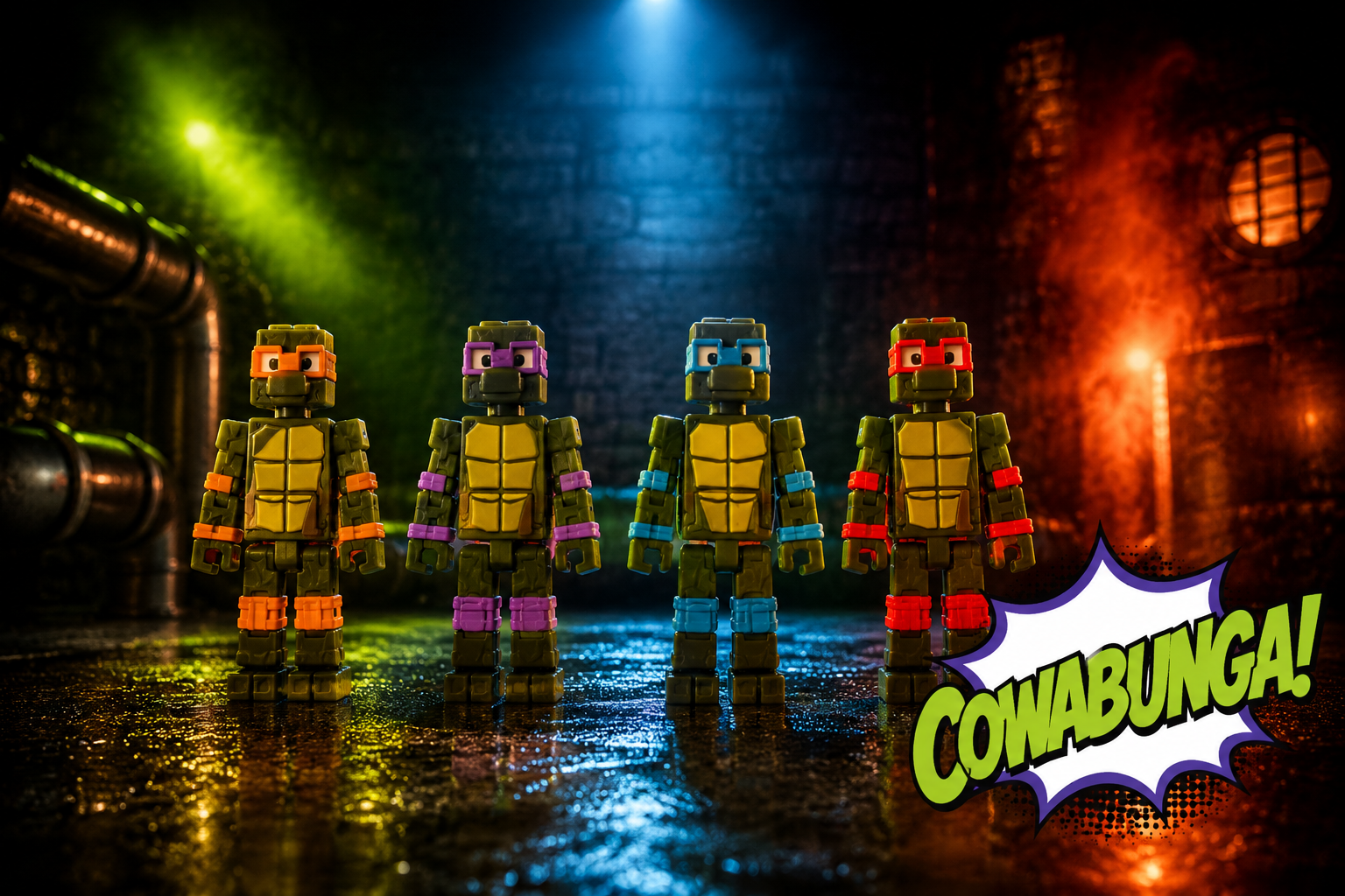 Small turtle-inspired figures with dramatic lighting and comic-style sticker