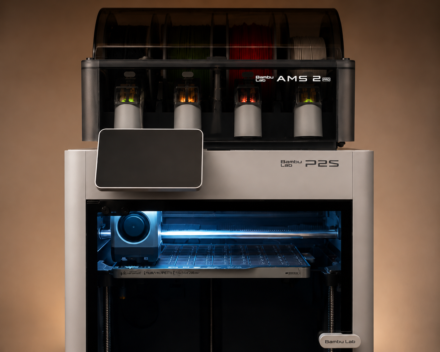 OliPoly Bambu P2S printer and AMS setup in the studio