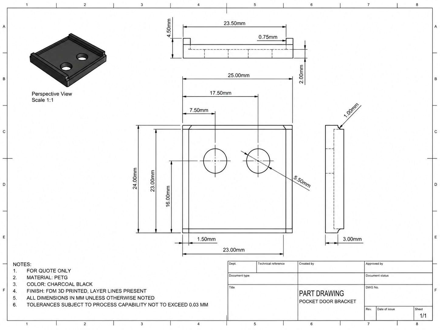 Technical drawing for pocket door bracket