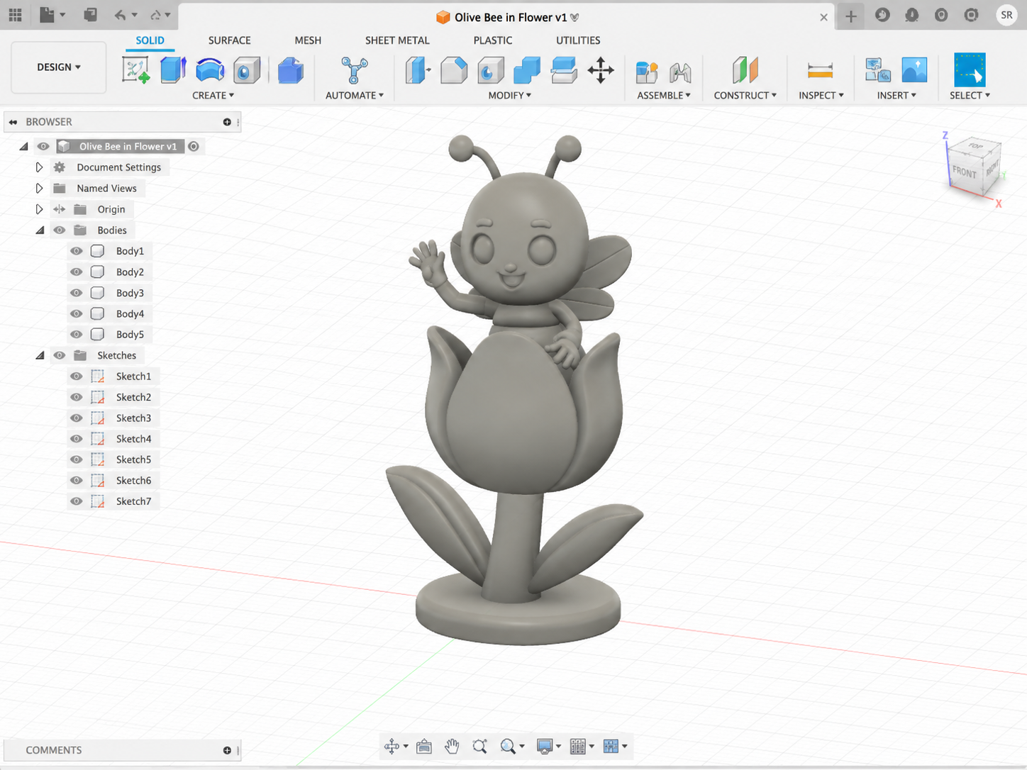 Gray 3D concept sculpt of the bee and flower in CAD workspace