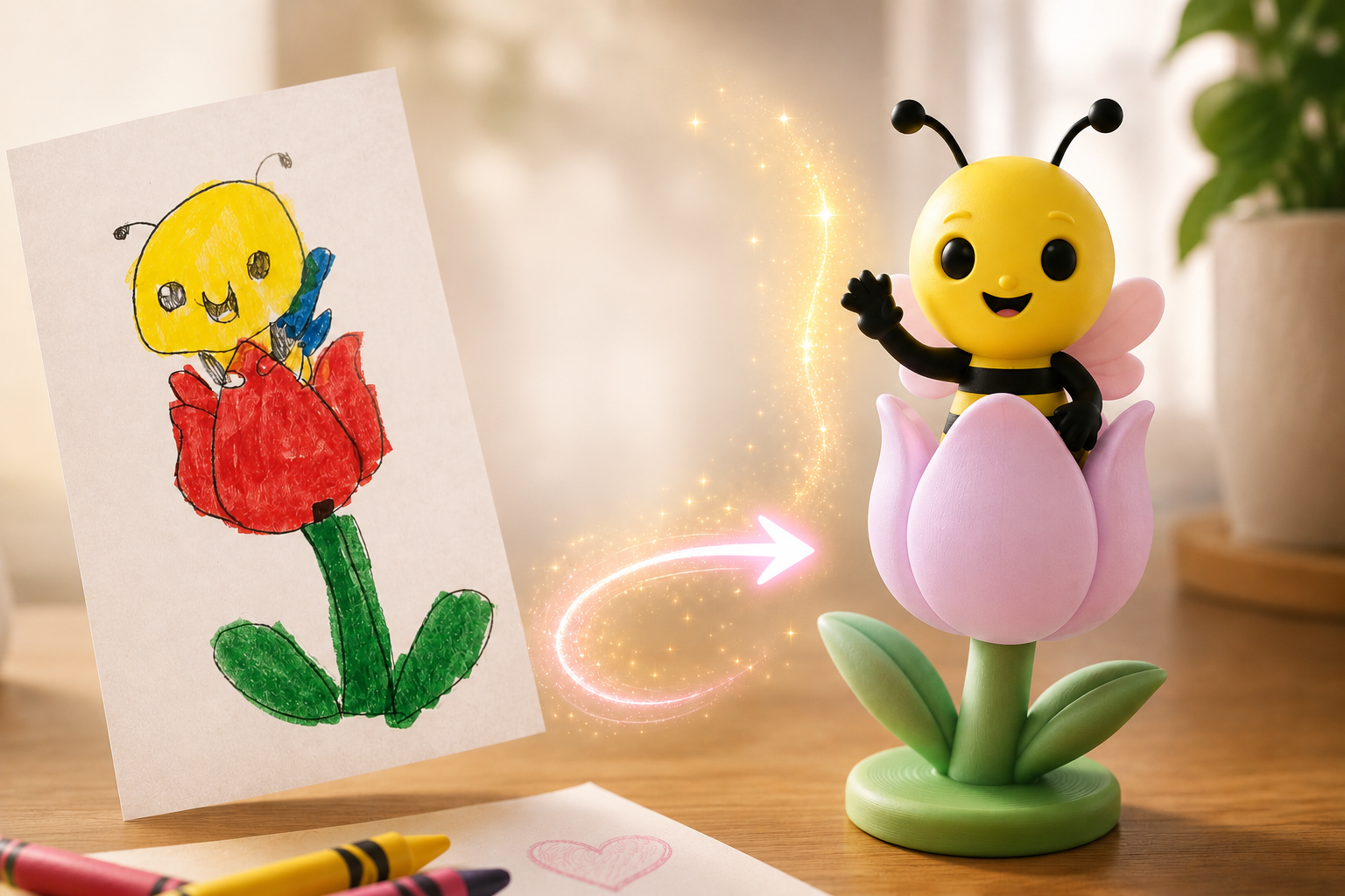 Child's bee drawing transformed into a finished 3D printed character