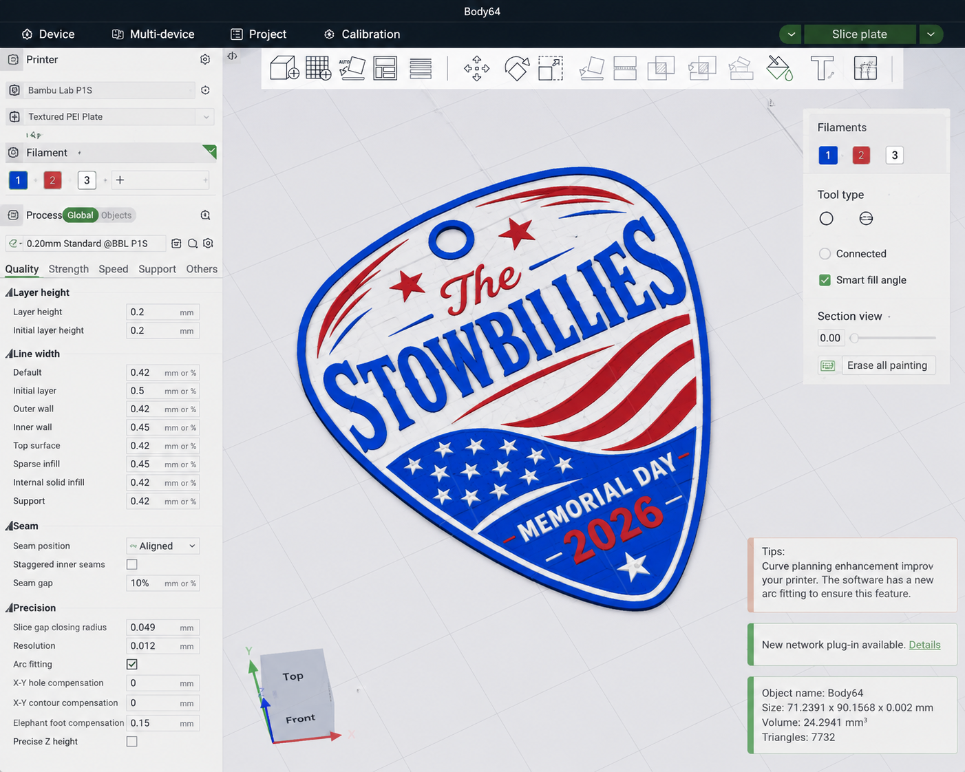A CAD-style design screenshot of a Stowbillies Memorial Day 2026 guitar-pick shaped piece.