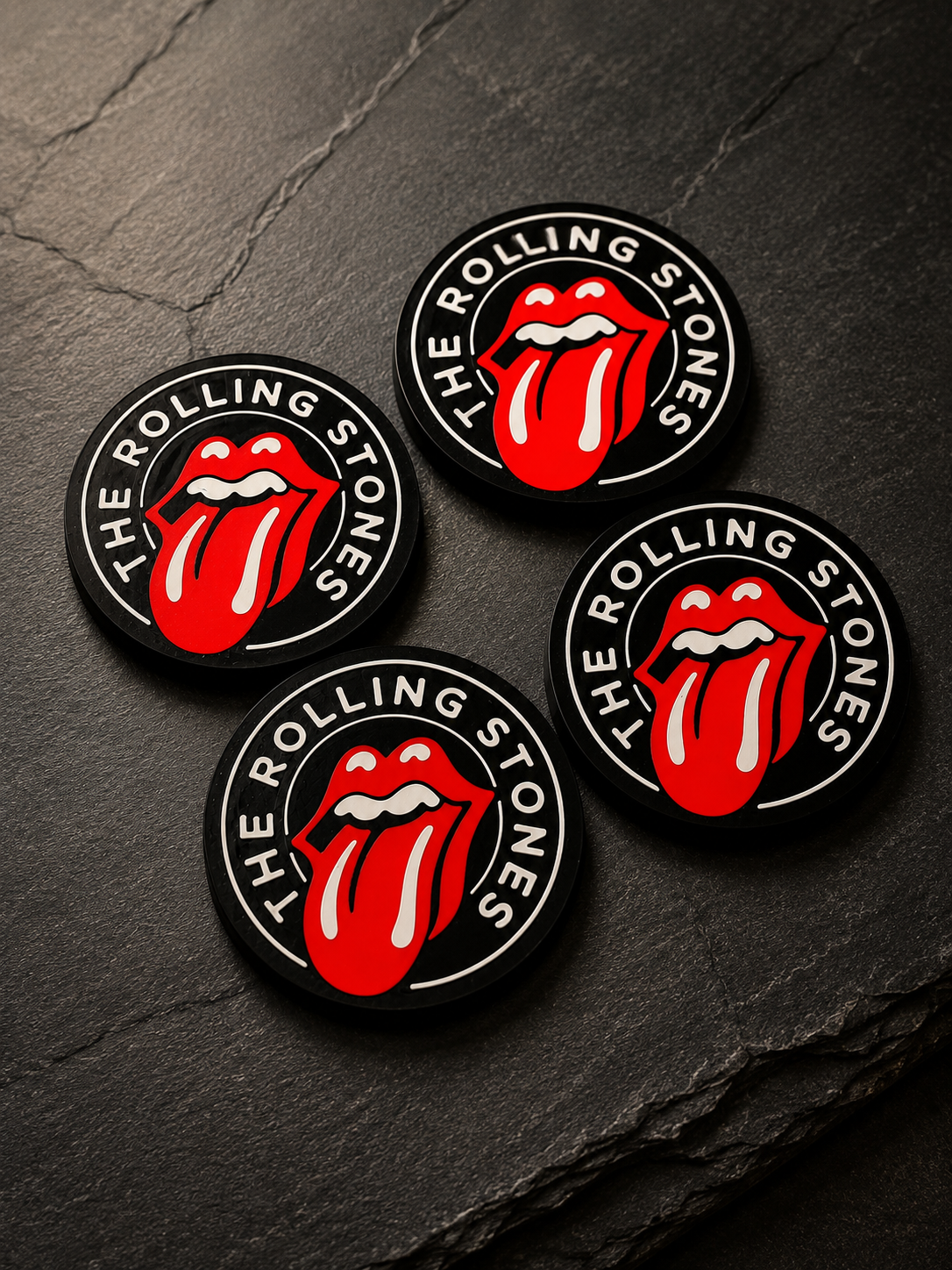 Rolling Stones inspired printed coasters showing polished color and detail
