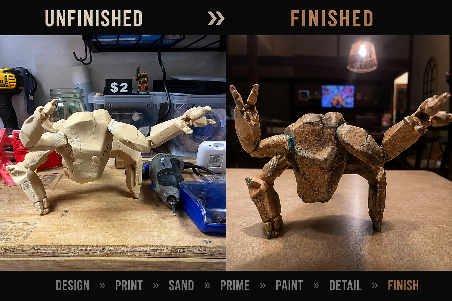 Before and after example of unfinished and finished 3D printed model